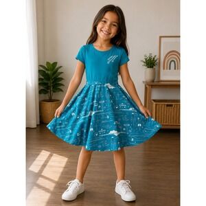 Princess Awesome Girls Space Rocket Skater Dress Teal Blue Cotton Size 12